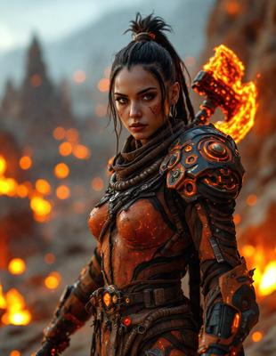 The primary subject of the image is a woman dressed in a warrior outfit, standing in a rocky, volcanic landscape. She is holding a large weapon, possibly a sword or a spear, and appears to be ready for battle. The setting is a rocky terrain with a fiery background, which adds to the dramatic and intense atmosphere of the scene. The visual style of the image is a combination of photo and digital art, creating a realistic yet fantastical representation of the warrior and her surround