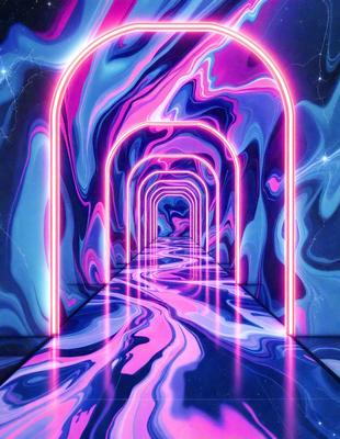 The primary subject of the image is a long, narrow, and brightly lit tunnel with a pink and purple color scheme. The tunnel is illuminated by a series of pink and purple lights, creating a vibrant and visually striking atmosphere. The setting is a futuristic environment, possibly a space station or a high-tech facility. The visual style of the image is a combination of digital art and illustration, with the tunnel's design and the lighting effects contributing to the overall aesth