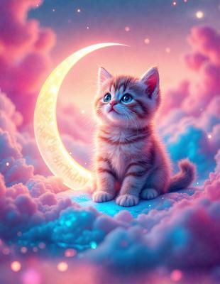 The primary subject of the image is a small kitten sitting on a cloud. The setting is a whimsical, dreamy environment with a pink and blue color scheme. The visual style is a digital art or illustration, creating a surreal and imaginative atmosphere. The colors and mood convey a sense of happiness and playfulness.