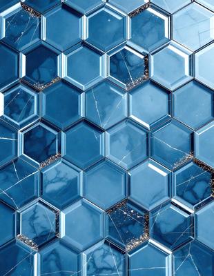The primary subject of the image is a blue hexagonal tile with a pattern of white and black. The setting is a blue background, and the visual style is a close-up of the tile. The dominant colors are blue and white, creating a clean and modern atmosphere.