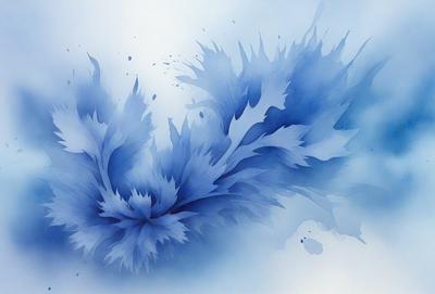 The primary subject of the image is a blue and white painting of a leafy plant. The setting is a white background, which provides a clean and minimalist appearance. The visual style is a combination of digital art and illustration, creating a unique and artistic representation of the leafy plant. The dominant colors are blue and white, which contribute to a calming and serene atmosphere.