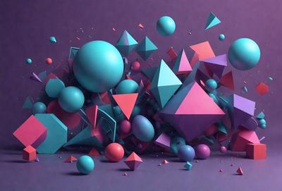 The primary subject of the image is a collection of colorful geometric shapes, including triangles, squares, and circles. These shapes are arranged in various positions and sizes, creating a visually engaging and dynamic scene. The setting is a purple background, which adds a vibrant and contrasting color to the composition. The visual style of the image is a mix of digital art and illustration, with the shapes appearing to be both 3D and 2D. The dominant colors in the image are purple, blue, and