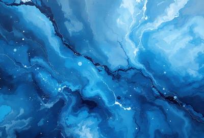 The primary subject of the image is a blue and white painting of a cloudy sky. The setting is a blue background, and the visual style appears to be a digital art or illustration. The dominant colors in the painting are blue and white, creating a serene and calming atmosphere.