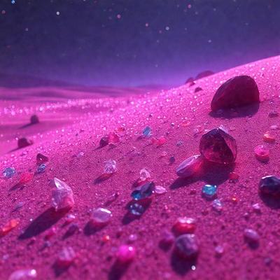 The primary subject of the image is a pink sandy surface with a variety of colored gems embedded in it. The setting is a desert-like environment, with a purple sky in the background. The visual style is a combination of photo and digital art, creating a unique and vibrant scene. The colors and mood of the image are predominantly pink and purple, giving it a warm and inviting atmosphere.