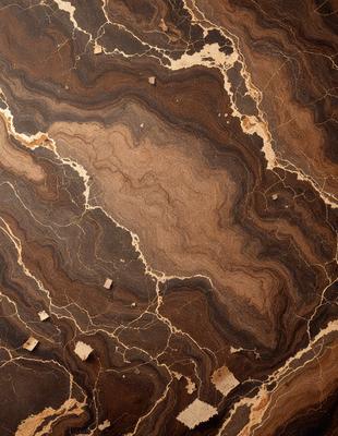 The primary subject of the image is a marble countertop with a unique and intricate pattern. The setting is a kitchen or bathroom, as the countertop is a prominent feature in the scene. The visual style is a close-up of the marble countertop, showcasing its texture and design. The colors and mood of the image are predominantly brown and earthy tones, giving the countertop a natural and elegant appearance.