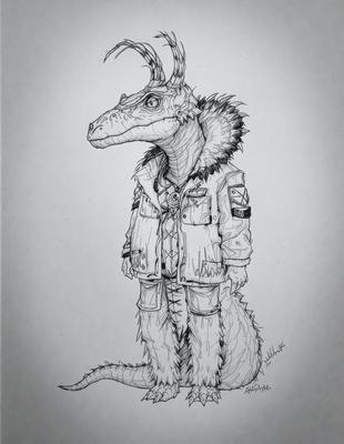 The primary subject of the image is a dinosaur, specifically a T-Rex, wearing a jacket. The setting is a black and white background, giving the image a vintage or artistic feel. The visual style is a combination of drawing and illustration, with the dinosaur being depicted in a detailed and realistic manner. The colors and mood of the image are predominantly black and white, creating a sense of nostalgia or timelessness.