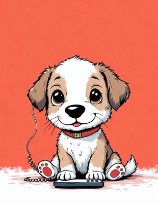 The primary subject of the image is a small brown and white dog sitting on the ground. The dog is wearing a red collar and appears to be smiling. The setting is a red background, which adds a vibrant and warm atmosphere to the scene. The visual style is a cartoon or comic illustration, giving the image a playful and lighthearted appearance.