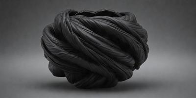 The primary subject of the image is a large, black, woven ball. The setting is a gray background, which provides a contrasting backdrop for the woven ball. The visual style is a close-up of the woven ball, showcasing its intricate texture and design. The colors and mood of the image are predominantly dark, with the black woven ball being the focal point.