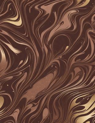 The primary subject of the image is a close-up of a chocolate-colored pattern, which appears to be a swirling, flowing design. The setting is a brown background, and the visual style is a combination of a photo and digital art. The dominant colors are brown and gold, creating a warm and rich atmosphere.