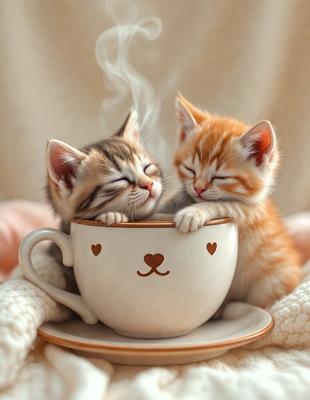 The primary subject of the image is a white coffee cup with a heart on it. The cup is filled with coffee, and two kittens are sitting on top of it, enjoying the warmth. The setting is a cozy environment, with the kittens and the coffee cup placed on a table. The visual style is a photo, capturing the adorable moment between the kittens and the coffee cup. The colors and mood of the image are warm and inviting, with the white coffee cup and the heart