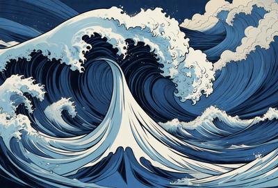 The primary subject of the image is a large wave with a white crest, which is the main focus of the scene. The wave is depicted in a blue and white color scheme, giving it a vibrant and dynamic appearance. The setting is the ocean, with the wave crashing against the water. The visual style of the image is a combination of digital art and illustration, creating a captivating and realistic representation of the wave. The overall atmosphere of the image is energetic and powerful, as the wave demonstrates