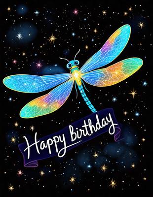 The primary subject of the image is a colorful dragonfly, which is the main object, scene, or focus of the image. The dragonfly is depicted in a colorful and vibrant manner, with a mix of blue, green, and yellow colors. The setting or background of the image features a starry night sky, which adds to the overall atmosphere and visual style of the image. The image is a digital art or illustration, showcasing the artist's creativity and skill in capturing the drag