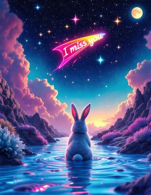 The primary subject of the image is a bunny sitting in a body of water, possibly a river or a lake. The setting is a nighttime scene with a starry sky in the background. The visual style is a digital art or illustration, creating a whimsical and surreal atmosphere. The dominant colors are purple and blue, which contribute to the dreamy and magical mood of the scene.