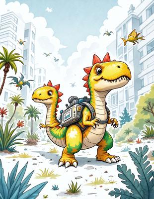 The primary subject of the image is a cartoon dinosaur with a backpack on its back. The dinosaur is standing on a dirt road, surrounded by a lush green environment. The visual style of the image is a cartoon illustration, giving it a playful and whimsical appearance. The colors and mood of the image are vibrant and cheerful, with the greenery and the dinosaur's bright colors creating a sense of adventure and fun.