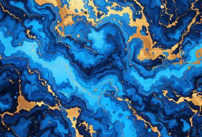The primary subject of the image is a blue and gold marbled stone. The setting is a blue and gold marbled stone surface, which serves as the background. The visual style is a close-up of the marbled stone, showcasing its intricate patterns and colors. The dominant colors are blue and gold, creating a rich and luxurious atmosphere.