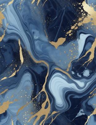 The primary subject of the image is a blue and gold painting, featuring a blue background with gold accents. The setting is a canvas, and the visual style appears to be a mix of digital art and traditional painting techniques. The dominant colors in the painting are blue and gold, creating a sense of depth and richness in the artwork.