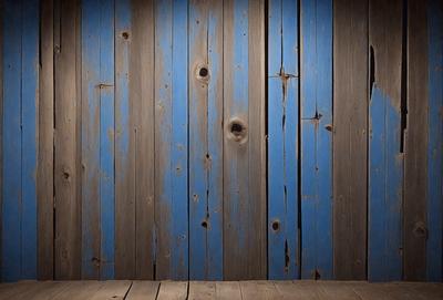 The primary subject of the image is a wooden wall with blue and brown colors. The setting is a room with a wooden floor. The visual style is a photo of a wooden wall with a blue and brown color scheme. The colors and mood of the image are warm and inviting, with the wooden wall and floor creating a cozy atmosphere.