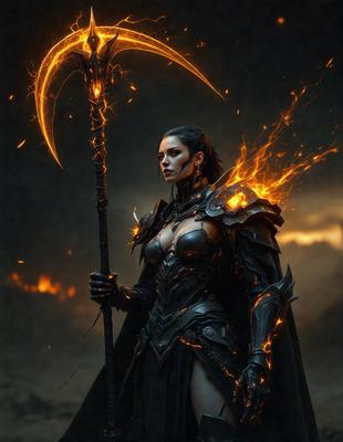 The primary subject of the image is a woman dressed in a medieval-style costume, holding a staff with a glowing tip. She is standing in a dark, smoky environment, which adds to the dramatic atmosphere of the scene. The visual style of the image is a combination of digital art and illustration, creating a unique and captivating image. The colors and mood of the image are predominantly dark and mysterious, with the glowing staff and costume providing a contrasting element of light and