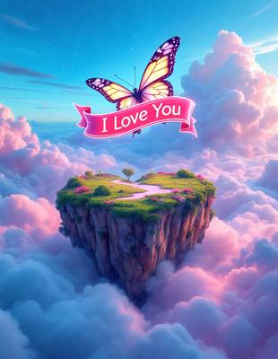 The primary subject of the image is a heart-shaped island with a butterfly on top of it. The heart is located in a pink and white cloudy sky. The setting is a whimsical and imaginative environment, likely a digital art or illustration. The colors and mood of the image are predominantly pink and white, creating a warm and inviting atmosphere.