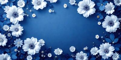 The primary subject of the image is a blue background with white flowers scattered across it. The setting appears to be a still life or a decorative arrangement. The visual style is a combination of photo and digital art, creating a realistic yet artistic representation of the flowers. The colors are predominantly blue and white, giving the image a calm and serene atmosphere.