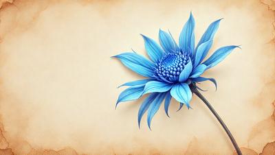 The primary subject of the image is a blue flower with a yellow center, which is the main focus of the image. The setting is a wall, and the visual style is a digital art or illustration. The dominant colors are blue and yellow, creating a calm and serene atmosphere.
