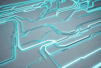The primary subject of the image is a blue neon-like pattern or design. The setting is a gray surface, which provides a contrasting background for the pattern. The visual style appears to be a combination of digital art and illustration, as the blue lines and shapes create a unique and eye-catching design. The colors and mood of the image are predominantly blue, with a slightly futuristic or modern vibe.