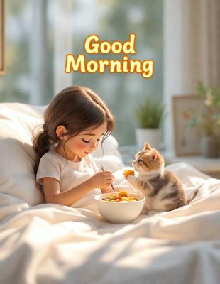 The primary subject of the image is a young girl feeding a cat from a bowl. The scene takes place in a bedroom, with a bed visible in the background. The visual style of the image is a photo, capturing the moment between the girl and the cat. The colors in the image are predominantly warm and inviting, creating a cozy and comfortable atmosphere.