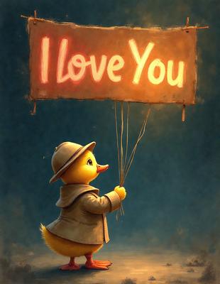 The image features a cute duckling wearing a hat and holding a balloon that says "I love you." The duckling is the primary subject, and the scene takes place in a dark environment. The visual style is a combination of digital art and illustration, creating a whimsical and heartwarming atmosphere. The dominant colors are shades of blue and black, with the balloon and hat adding a pop of color to the scene.