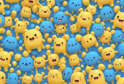 The primary subject of the image is a large collection of yellow and blue cartoon-like characters, possibly from a popular animated show or movie. These characters are arranged in a visually appealing manner, creating a vibrant and lively scene. The setting appears to be a colorful and playful environment, likely designed to entertain and engage viewers. The visual style of the image is a mix of digital art and illustration, with the characters being depicted in a detailed and engaging manner. The dominant colors in the image