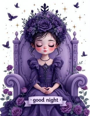 The primary subject of the image is a young girl wearing a purple dress and a crown, sitting on a purple chair. She is surrounded by purple flowers and butterflies, creating a serene and whimsical atmosphere. The visual style of the image is a digital art or illustration, with a focus on the girl and her surroundings. The colors and mood of the image are predominantly purple, which adds to the overall sense of calmness and enchantment.