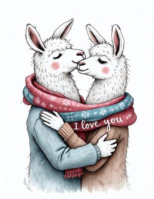 The image features two adorable, fluffy, and cute lamas standing close to each other, with one lama wearing a scarf. They are both wearing scarves, and their expressions are loving and affectionate. The lamas are the primary subjects of the image, and their close proximity and warmth create a cozy and heartwarming atmosphere. The visual style of the image is a combination of digital art and illustration, with the lamas being depicted in a c