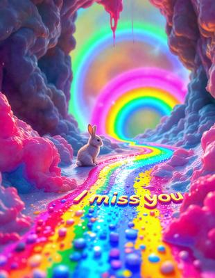 The primary subject of the image is a bunny sitting on a rainbow-colored path. The setting is a whimsical, colorful environment with a pink background. The visual style is a digital art or illustration, creating a vibrant and playful atmosphere. The dominant colors are pink, blue, yellow, and green, which contribute to the overall cheerful and lighthearted mood of the scene.