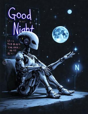The primary subject of the image is a robot sitting on a bench. The robot is wearing a white suit and has a moon in the background. The setting appears to be a nighttime scene, with the robot sitting on a bench under a moon. The visual style of the image is digital art, and the colors and mood are predominantly dark and mysterious.