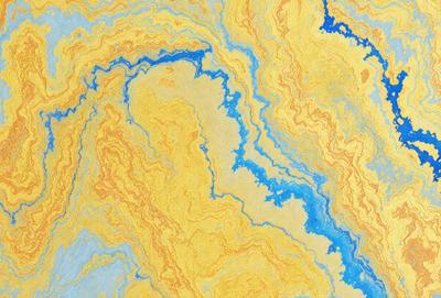 The primary subject of the image is a yellow and blue swirling pattern, which appears to be a painting or a digital artwork. The setting is a blue and yellow background, creating a vibrant and lively atmosphere. The visual style is a mix of digital art and painting, with the swirling pattern resembling a waterfall. The colors and mood of the image are energetic and dynamic, with the blue and yellow hues evoking a sense of movement and flow.