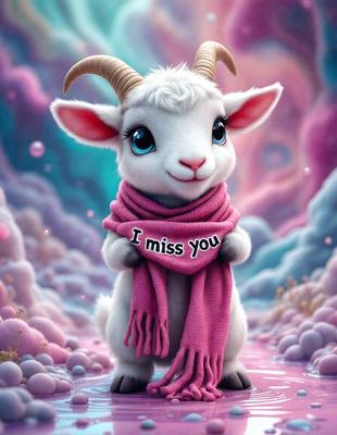 The primary subject of the image is a cute, anthropomorphic sheep with a pink scarf around its neck. The sheep is standing on a pink surface, which adds a playful and whimsical touch to the scene. The visual style of the image is a combination of digital art and illustration, creating a unique and charming appearance. The colors in the image are predominantly pink, which gives the scene a warm and inviting atmosphere.