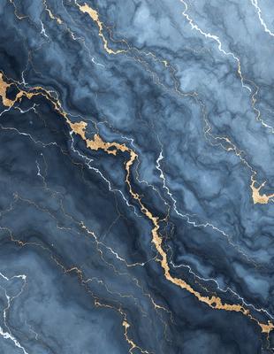 The primary subject of the image is a blue marble surface with gold streaks. The setting is a dark blue background, and the visual style appears to be a combination of photo and digital art. The dominant colors are blue and gold, creating a striking and elegant atmosphere.