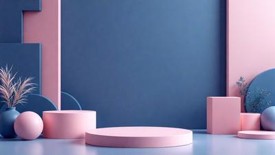 The primary subject of the image is a pink circle, which is placed on a blue wall. The setting is a room with a blue background, and the visual style appears to be a photo. The dominant colors in the image are pink and blue, creating a calm and serene atmosphere.