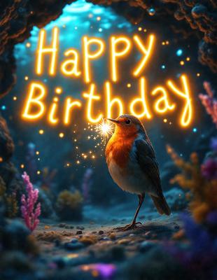 The primary subject of the image is a small bird, likely a robin, standing on a rocky surface. The bird is surrounded by a variety of colorful sea creatures, including fish and other aquatic animals. The setting appears to be underwater, with the bird and the sea creatures interacting in a lively and vibrant environment. The visual style of the image is a combination of photo and digital art, creating a unique and captivating scene. The colors and mood of the image are bright, lively