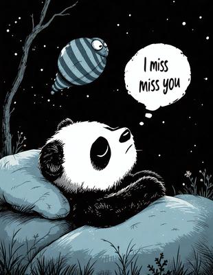 The primary subject of the image is a panda bear. The setting is a night sky, with a starry background. The visual style is a black and white illustration. The colors and mood are predominantly dark and moody, with the panda bear lying in bed and looking up at the night sky.