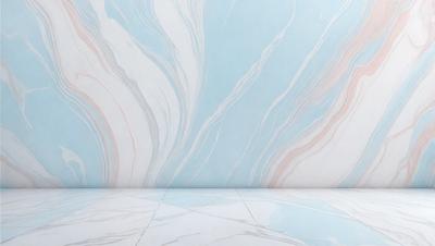 The primary subject of the image is a marble wall with a blue and white pattern. The setting is a room with a white floor, and the visual style is a photo. The dominant colors are blue and white, creating a calm and elegant atmosphere.