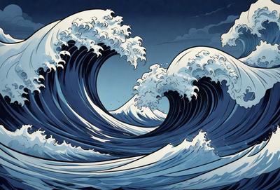 The primary subject of the image is a large wave with white and blue colors. The wave is depicted in a comic book style, giving it a dynamic and vibrant appearance. The setting is the ocean, with the wave crashing against the water. The visual style is a combination of digital art and illustration, creating a unique and engaging representation of the wave. The dominant colors are white and blue, which contribute to the overall mood of the image, evoking a sense of excitement and energy.