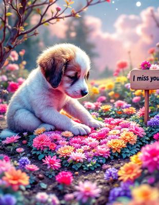 The primary subject of the image is a small puppy sitting in a field of flowers. The setting is a beautiful garden with a variety of flowers, creating a serene and peaceful atmosphere. The visual style of the image is a combination of photo and digital art, giving it a unique and artistic appearance. The dominant colors in the image are pink and purple, which are prevalent in the flowers and the puppy's fur. The overall mood of the image is one of warmth, innocence, and joy