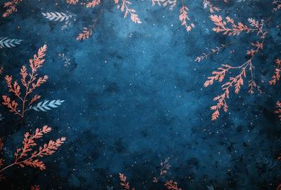 The primary subject of the image is a blue background with a pattern of leaves. The setting is a space-themed design, possibly a wallpaper or a digital art piece. The visual style is a combination of digital art and illustration, creating a unique and intricate pattern. The dominant colors are blue and orange, giving the image a vibrant and lively atmosphere.