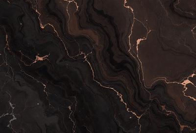 The primary subject of the image is a close-up of a marble countertop. The setting is a kitchen, with the marble countertop being the main focus of the scene. The visual style is a photo, capturing the intricate details of the marble surface. The colors and mood of the image are predominantly dark, with the marble countertop being the main source of light and contrast.