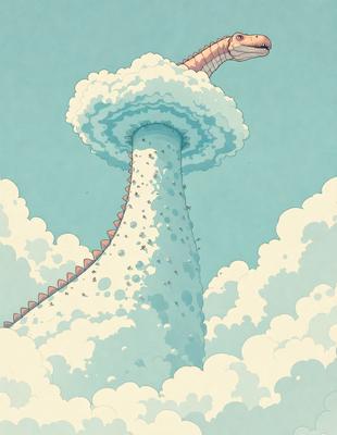 The primary subject of the image is a large, colorful, and whimsical cloud-like structure. The setting is a blue sky, and the visual style is a combination of digital art and illustration. The cloud is adorned with a variety of colors and patterns, creating a vibrant and lively atmosphere.