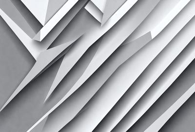 The primary subject of the image is a large, white, and gray wall with a patterned texture. The setting is a room with a white background, and the visual style appears to be a combination of digital art and illustration. The dominant colors are white and gray, creating a clean and modern atmosphere.