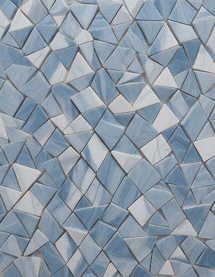 The primary subject of the image is a blue and white tile wall. The setting is a room with a blue and white tile backdrop. The visual style is a patterned tile wall, which gives the image a unique and artistic appearance. The dominant colors are blue and white, creating a calm and soothing atmosphere.