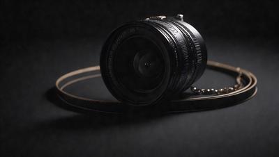 The primary subject of the image is a camera, which is the main object in the scene. The camera is placed on a black background, giving it a dramatic and artistic appearance. The visual style of the image is a close-up of the camera, emphasizing its details and design. The colors in the image are predominantly black, creating a moody and dramatic atmosphere.