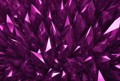 The primary subject of the image is a large, purple crystal structure. The setting is a purple background, which creates a striking contrast with the crystal. The visual style is a combination of digital art and illustration, giving the image a unique and intricate appearance. The dominant colors are purple and pink, creating a vibrant and lively atmosphere.