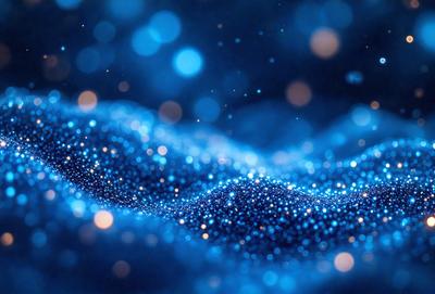The primary subject of the image is a blue, swirling, and sparkling pattern. The setting is a dark background, which contrasts with the bright blue swirls. The visual style is a combination of a photo and digital art, creating a unique and captivating effect. The colors and mood of the image are predominantly blue, with a sense of movement and energy.